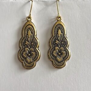 Wavy Boho Art Nouveau Style Drop Dangle Floral Engraved Gold Hook Earrings